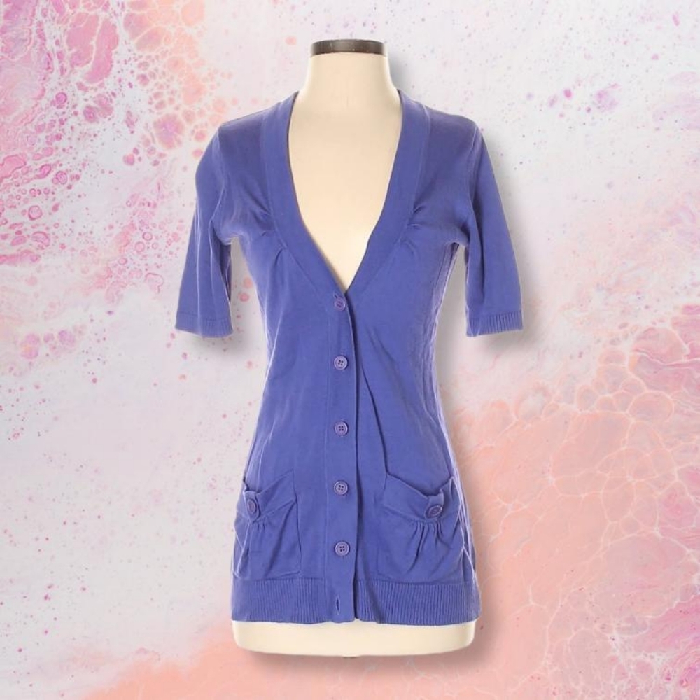 TABITHA Blue Button Fitted Short Sleeved Cardigan - Picture 1 of 12